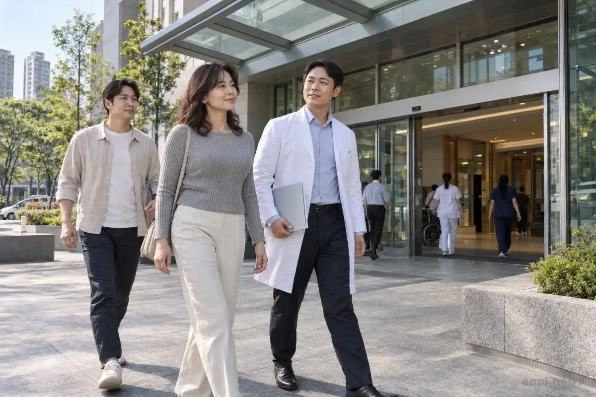 臺中一所公立區域教學醫院在日間的建築外觀，民眾與醫療人員進出院區