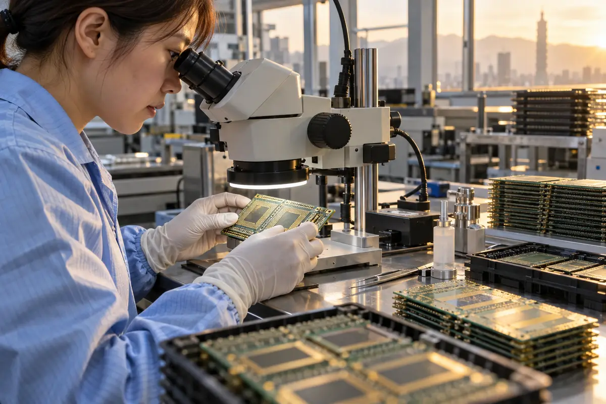 電子廠中的印刷電路基板與檢測設備特寫（示意圖）