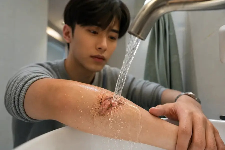 手部擦傷傷口用水龍頭流動清水沖洗