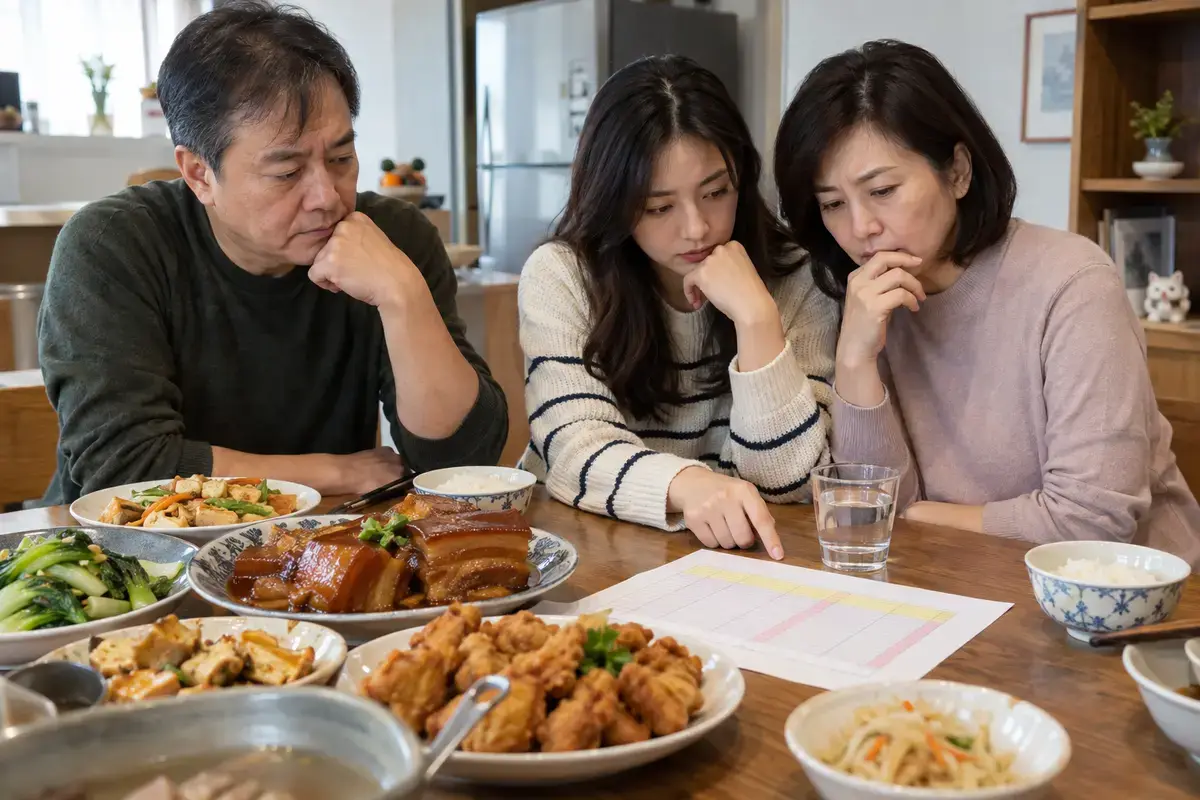桌面上的血脂檢驗報告、玻璃水杯與餐點示意
