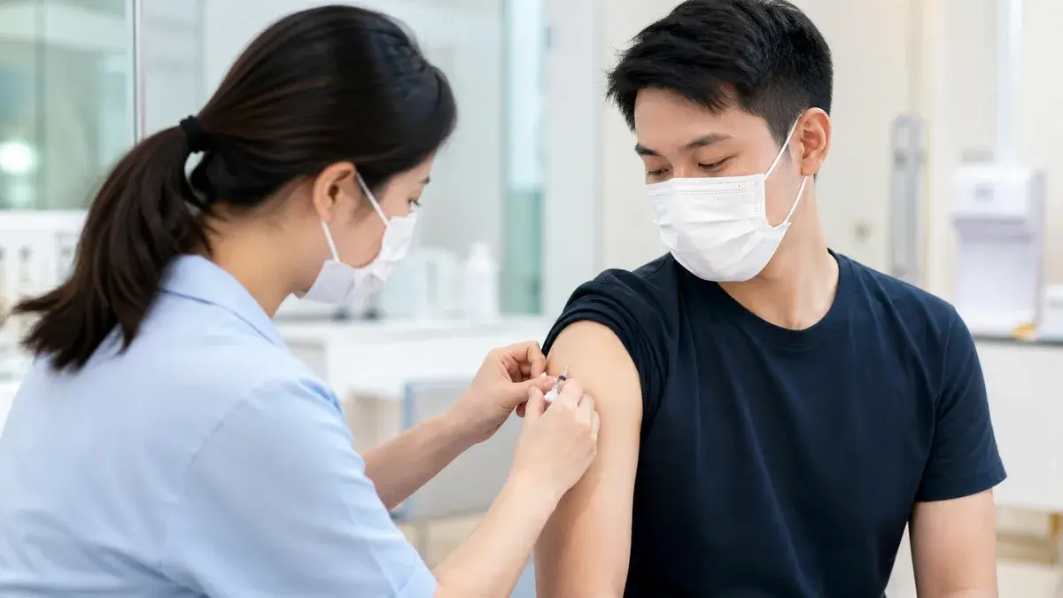 成人在診所接種疫苗、護理人員施打上臂示意