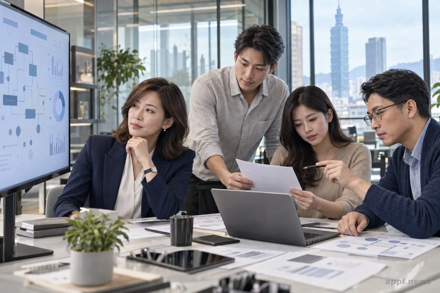 台灣辦公室中，企業主管與團隊檢視工作流程儀表板，成員核對文件並討論決策。