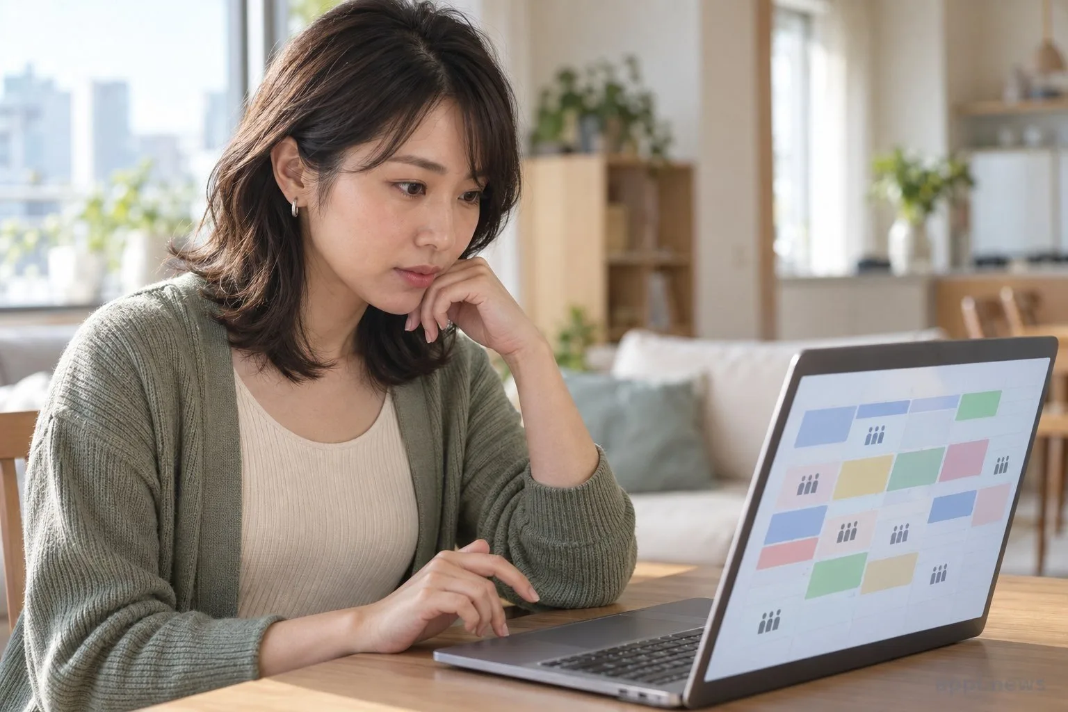 一位台灣使用者在筆電前查看健身課預約時段，手停在觸控板旁。