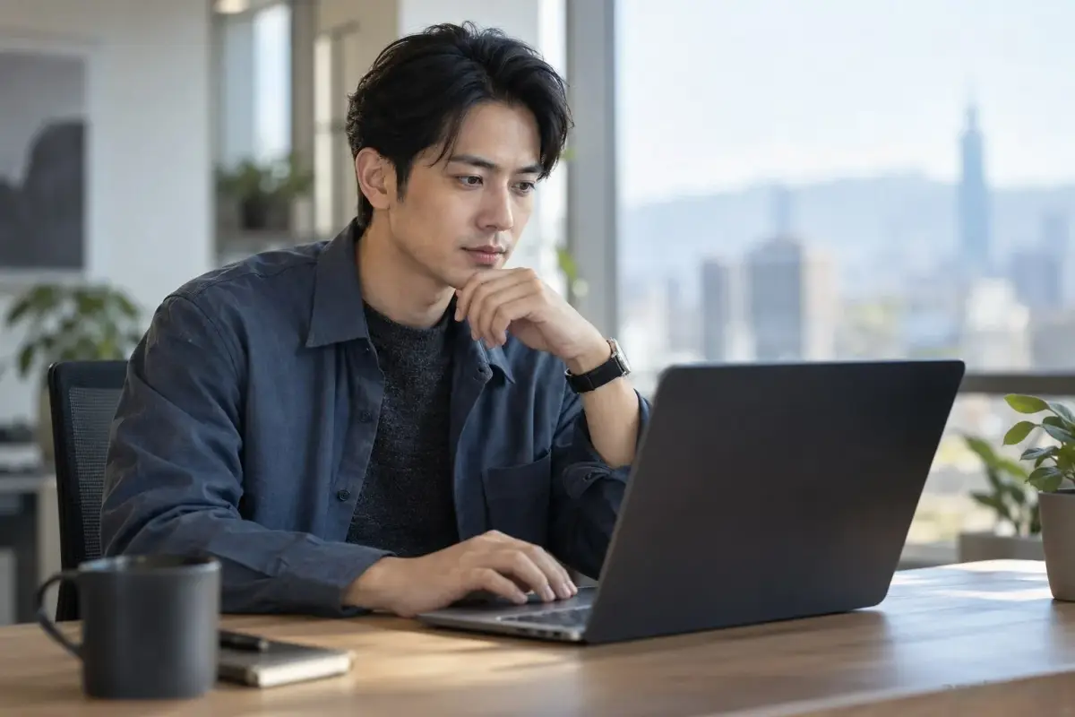 一位亞洲工作者在筆電上查看公開知識網站與 API 活動紀錄
