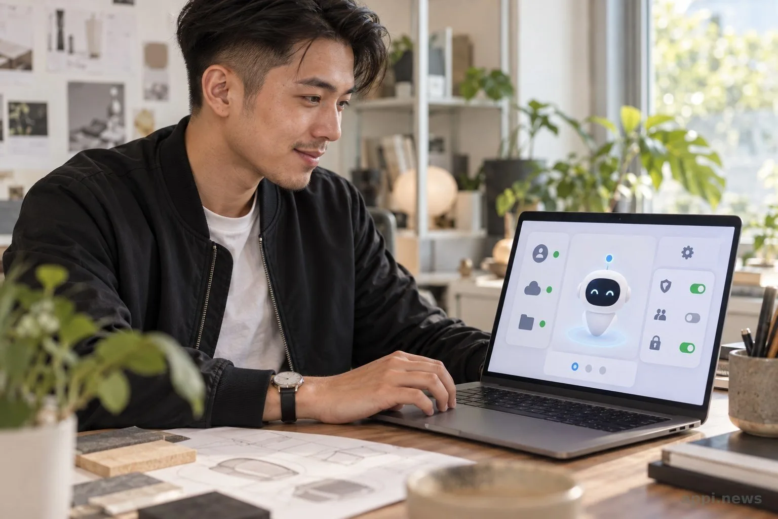 一位台灣亞洲面孔的產品設計者在工作室檢視筆電上的 AI 代理介面。