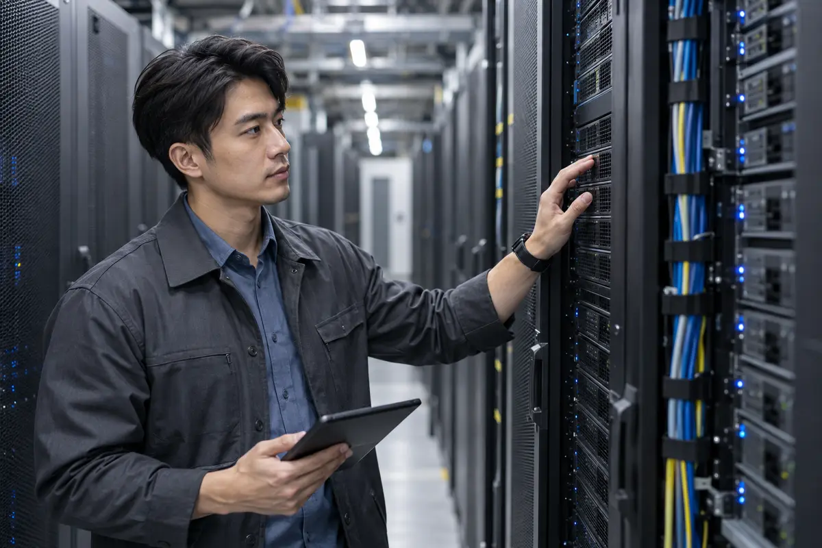 高密度サーバーラックの電源設備と液冷配管を確認するデータセンター技術者（イメージ）