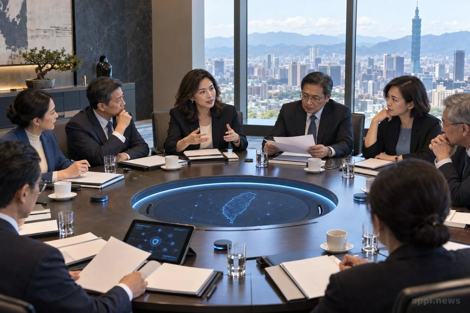 多名國際政策代表在會議桌旁討論科技安全與跨國治理文件。
