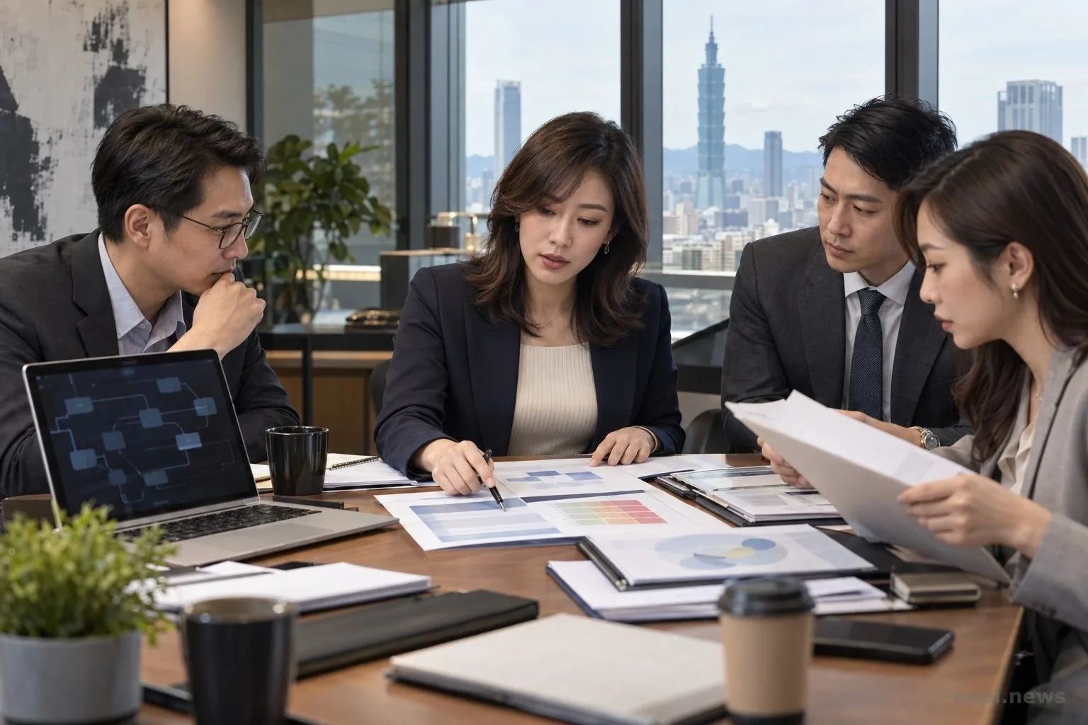 台灣企業多名亞洲專業人員在會議桌旁共同檢視 AI 導入文件與風險資料。