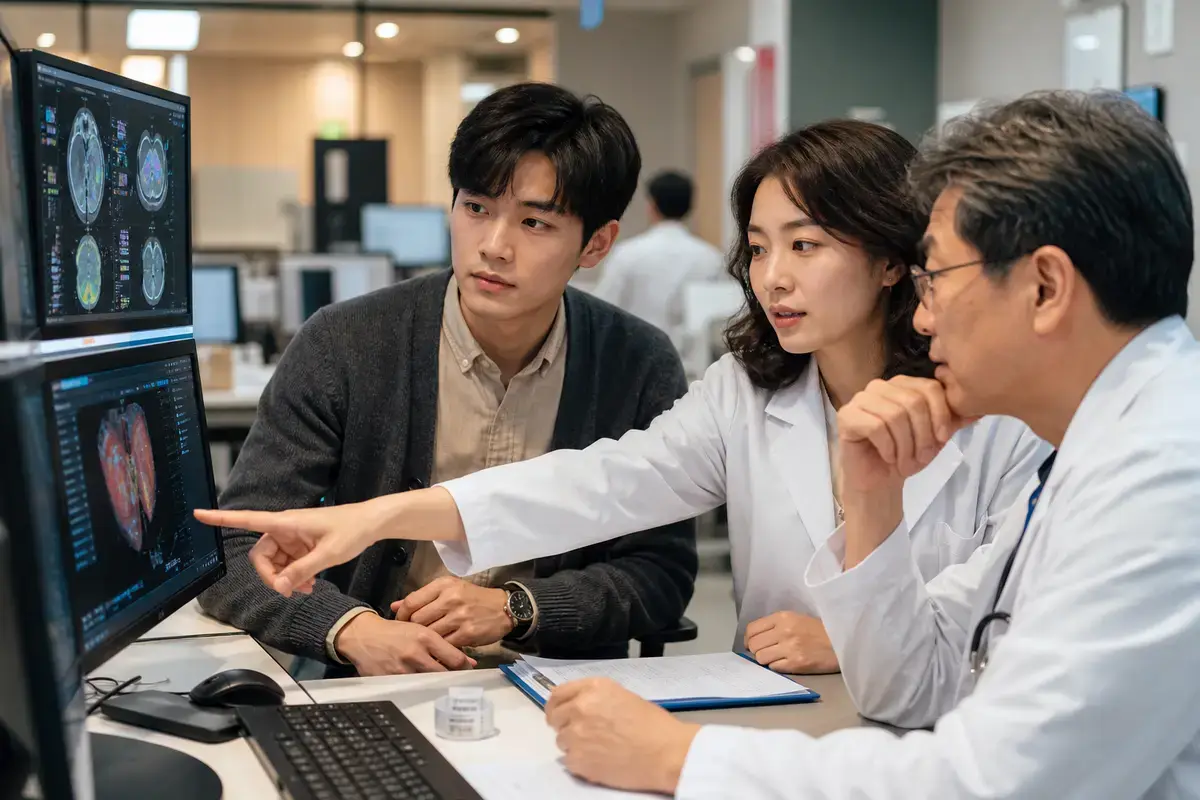 醫療團隊在臨床工作站檢視人工智慧分析結果與病人資料流程