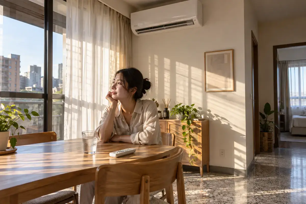 午後西曬房間的窗簾光影與分離式冷氣室內機（示意圖）
