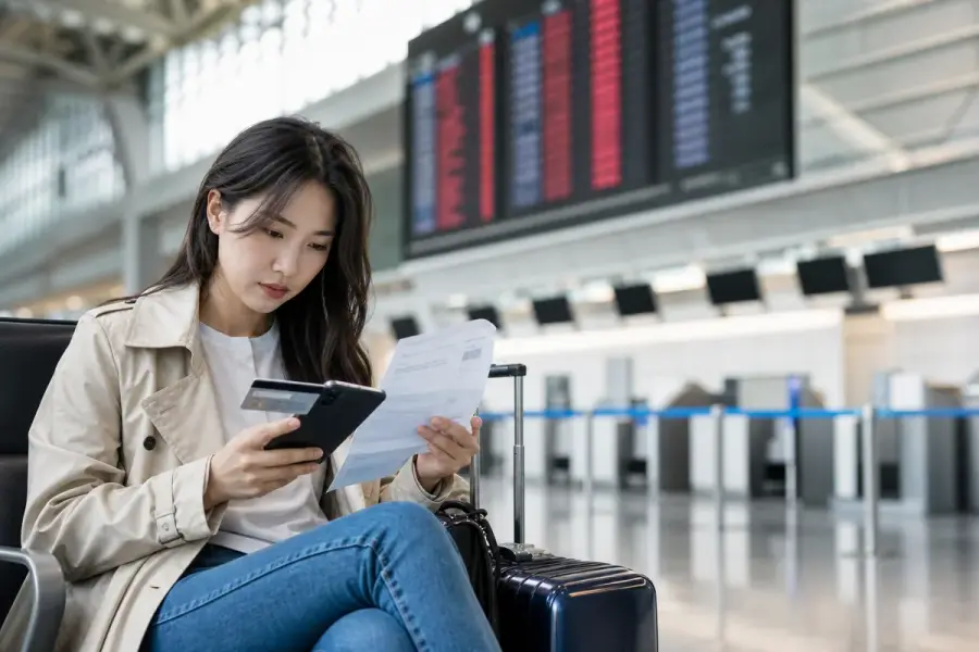 旅客在停飛櫃檯前以手機和付款資料整理航空退款證據