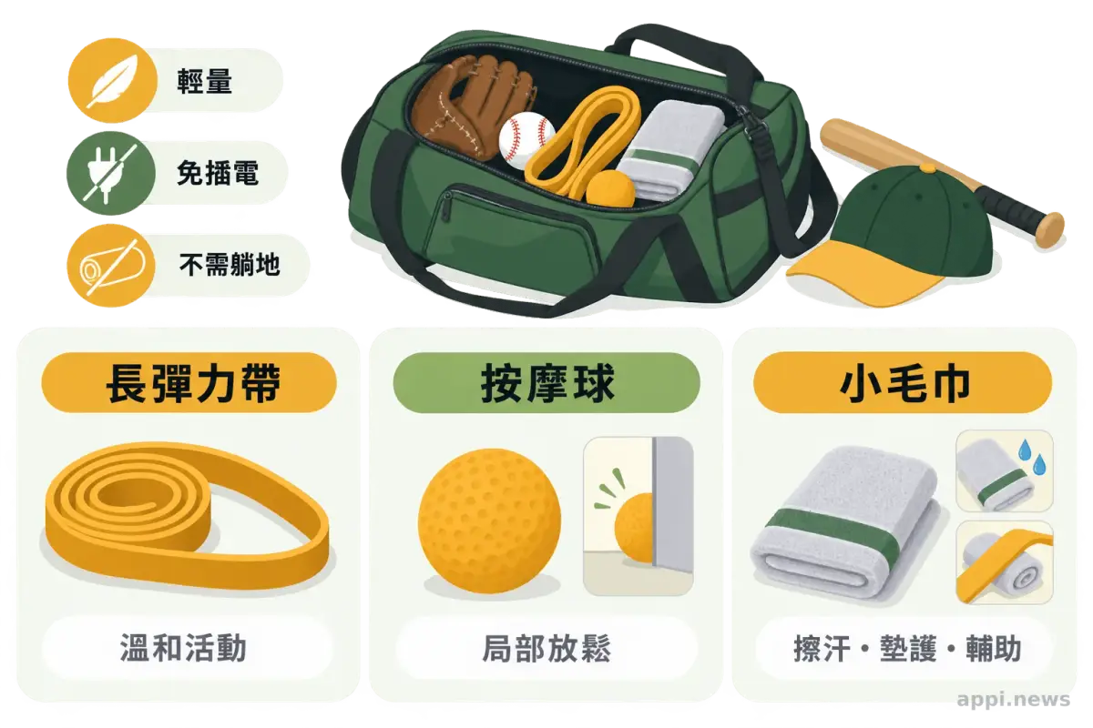 一名亞洲業餘棒球員賽後在台灣戶外球場休息區旁慢走，附近放著球具袋。
