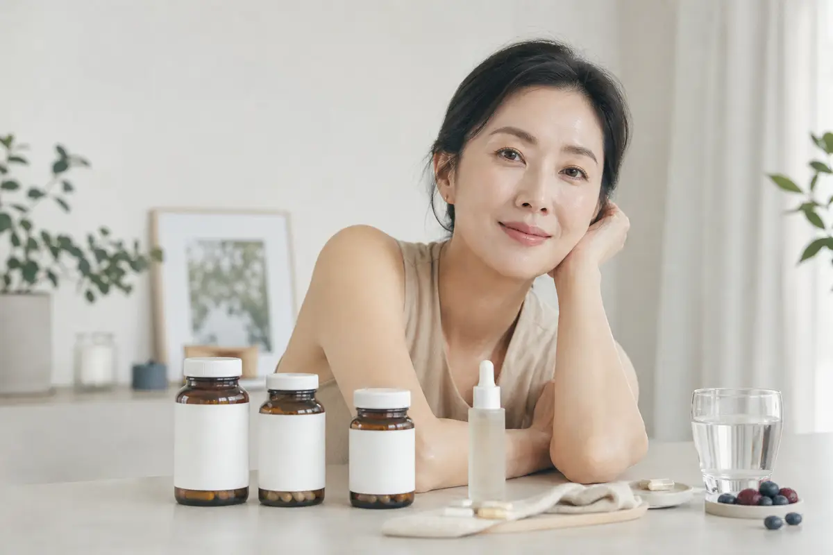 標榜抗老逆齡、印著生技名詞的保健食品瓶罐示意