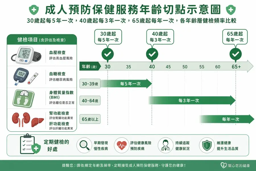 成人預防保健服務年齡切點示意圖：30歲起每5年一次，40歲起每3年一次，65歲起每年一次，各年齡層健檢頻率比較