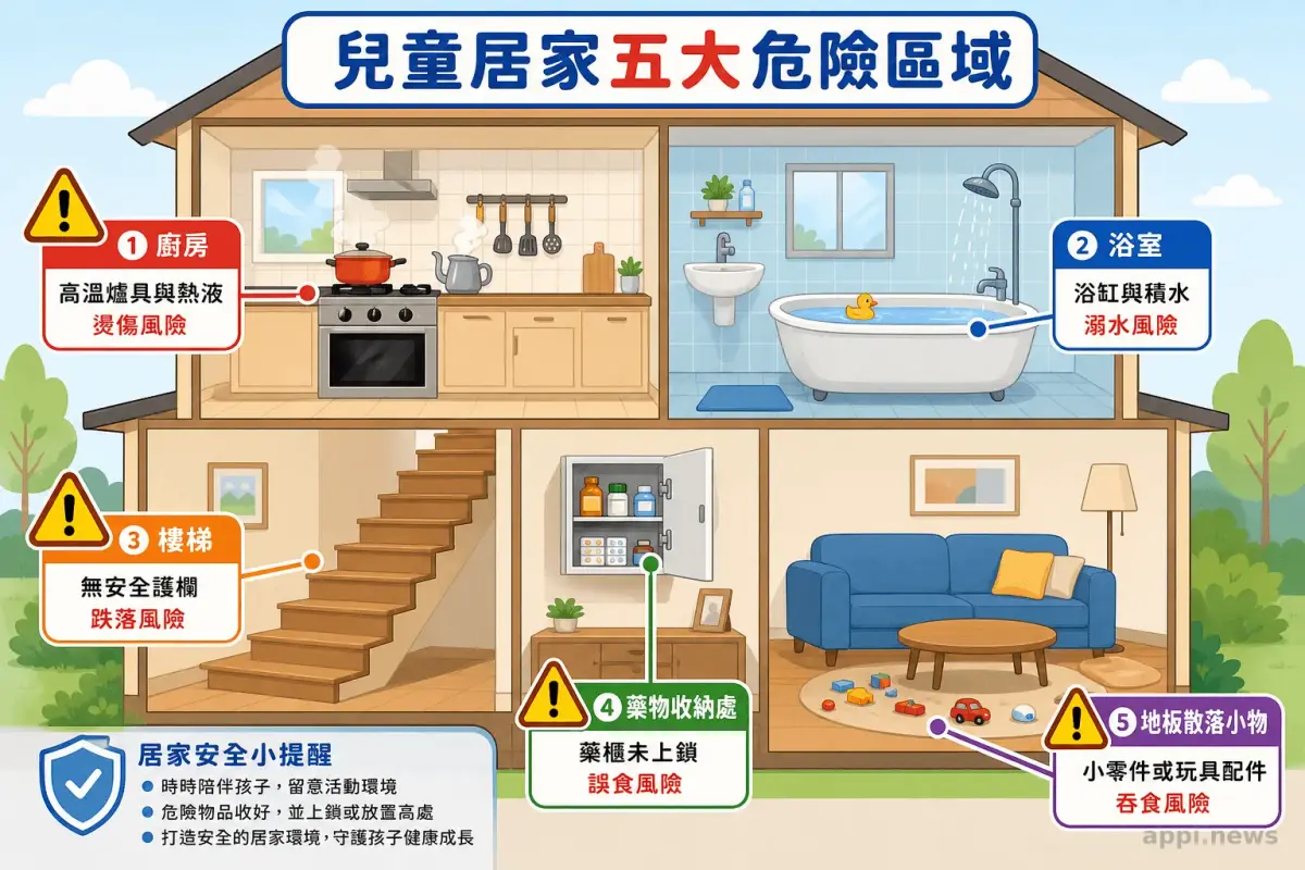 兒童居家五大危險區域示意圖，包含廚房、浴室、樓梯、藥物收納處與地板散落小物