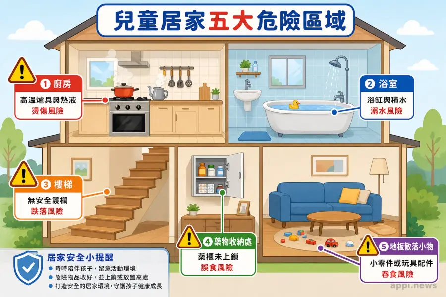 兒童居家五大危險區域示意圖，包含廚房、浴室、樓梯、藥物收納處與地板散落小物