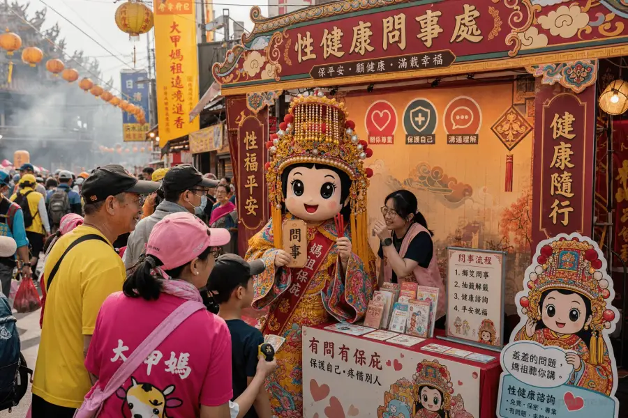 大甲媽遶境沿線的性健康問事處攤位，結合傳統廟會元素吸引信眾互動