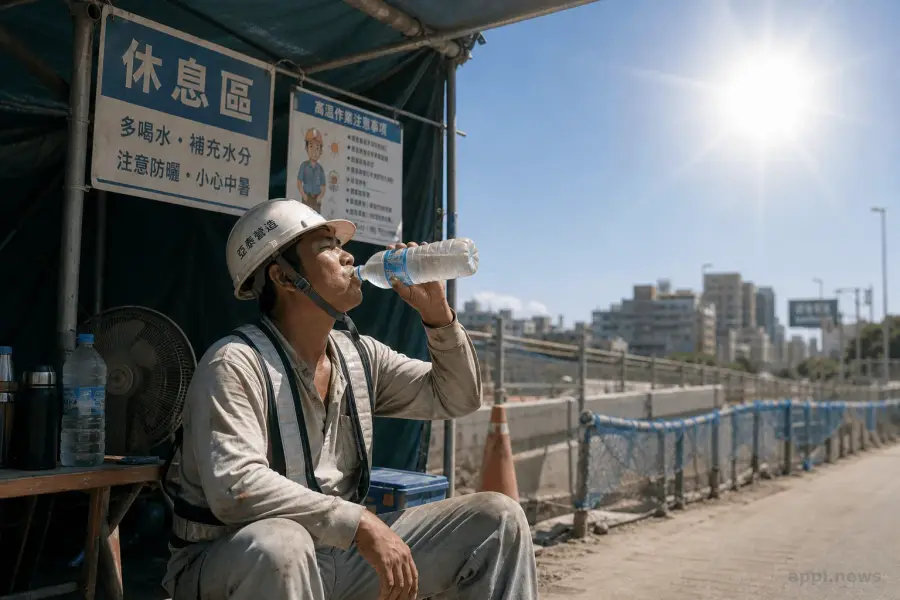 戶外工作者在高溫環境下的休息補水場景