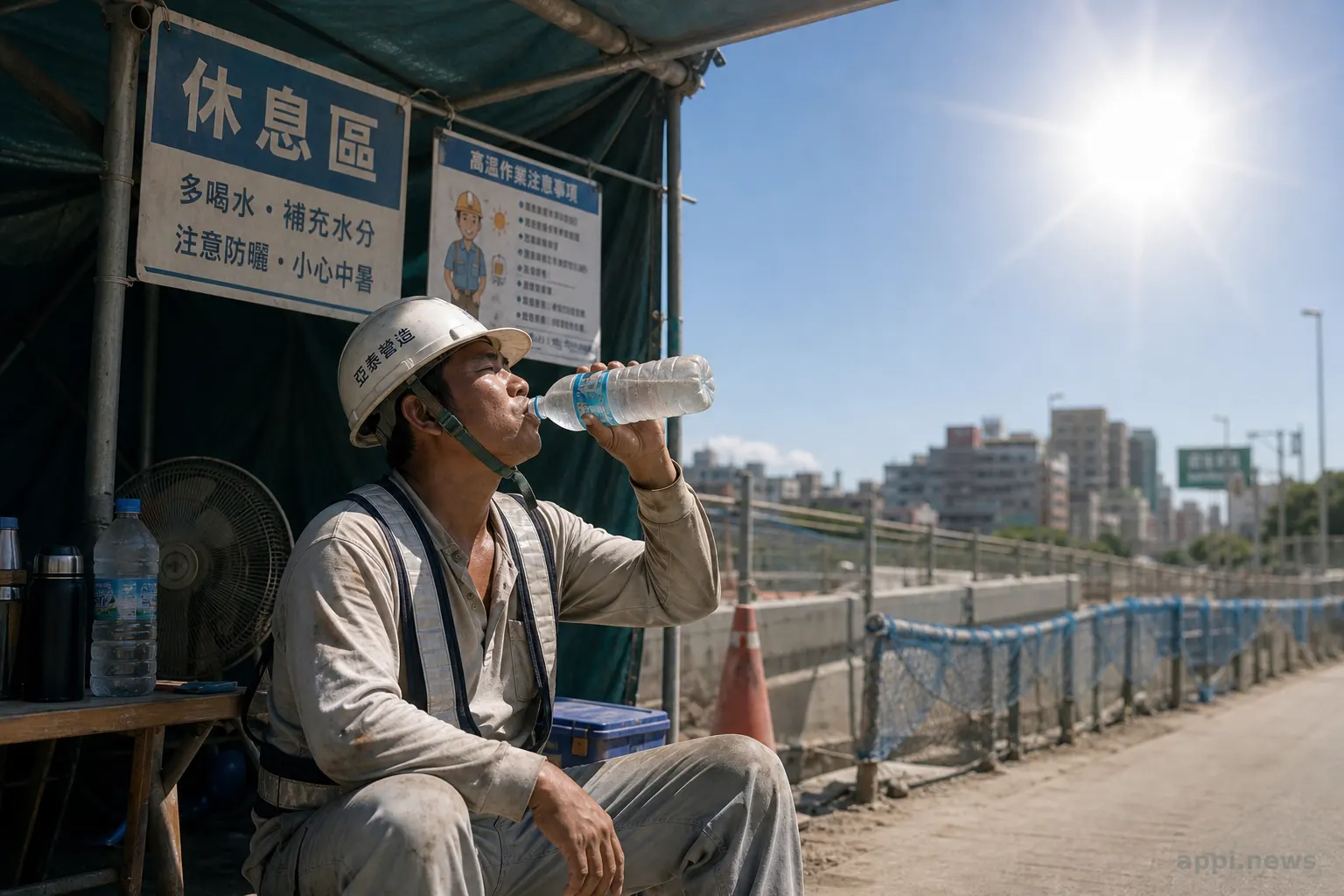 戶外工作者在高溫環境下的休息補水場景