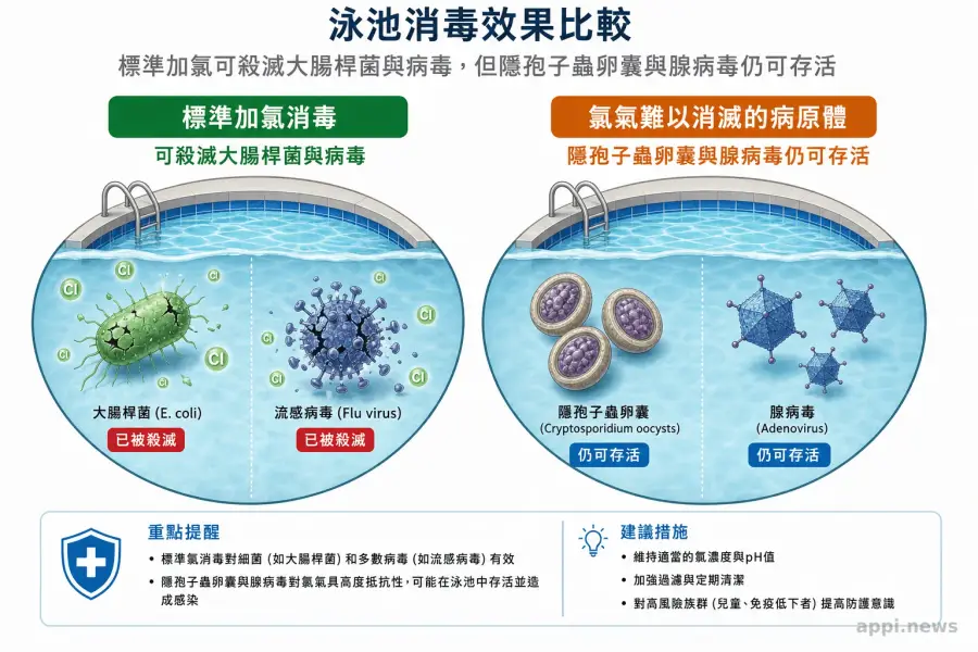 泳池消毒效果比較：標準加氯可殺滅大腸桿菌與病毒，但隱孢子蟲卵囊與腺病毒仍可存活