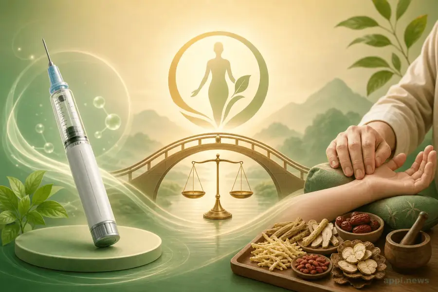 瘦瘦針（GLP-1）與中醫整合減重概念示意圖