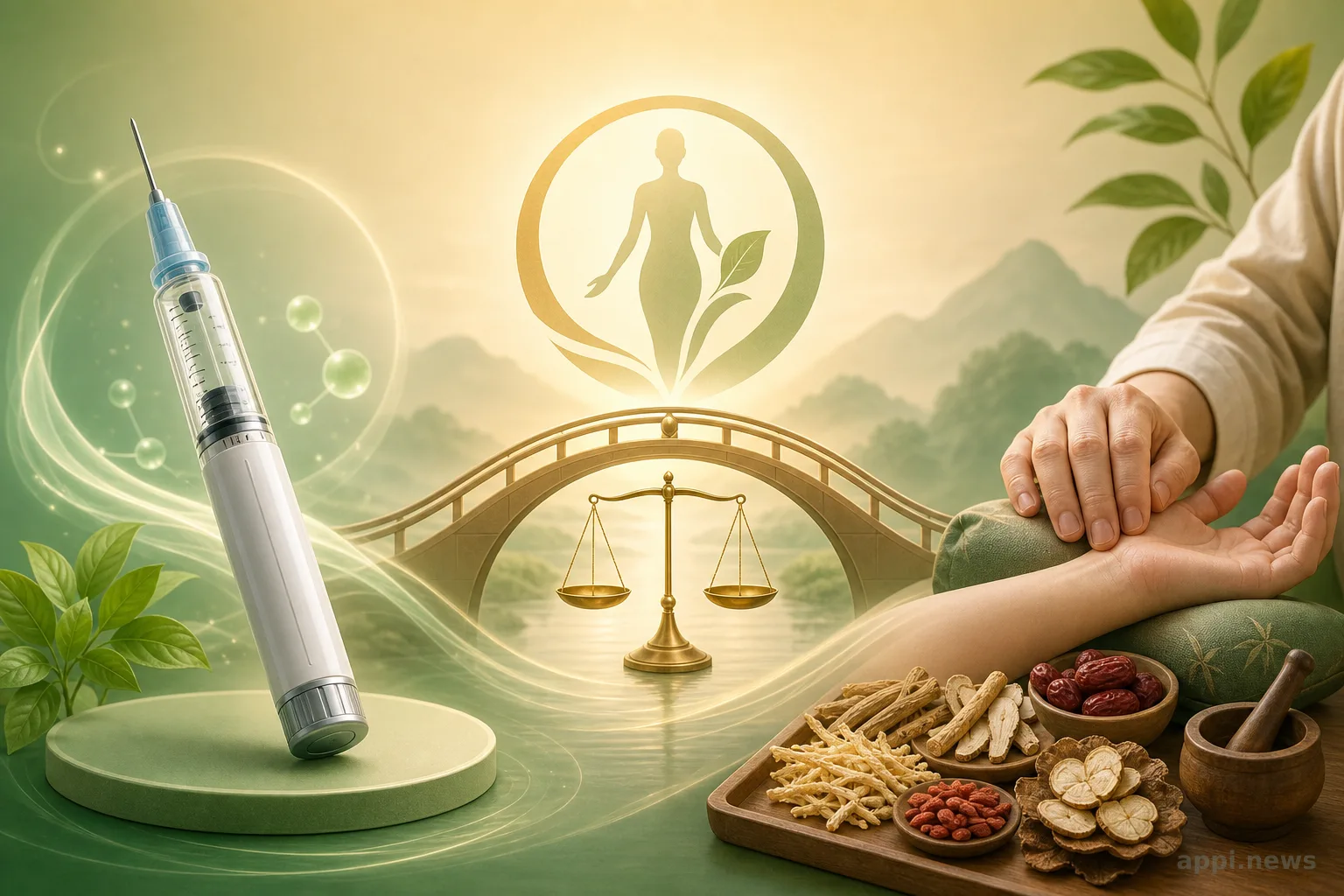 瘦瘦針（GLP-1）與中醫整合減重概念示意圖