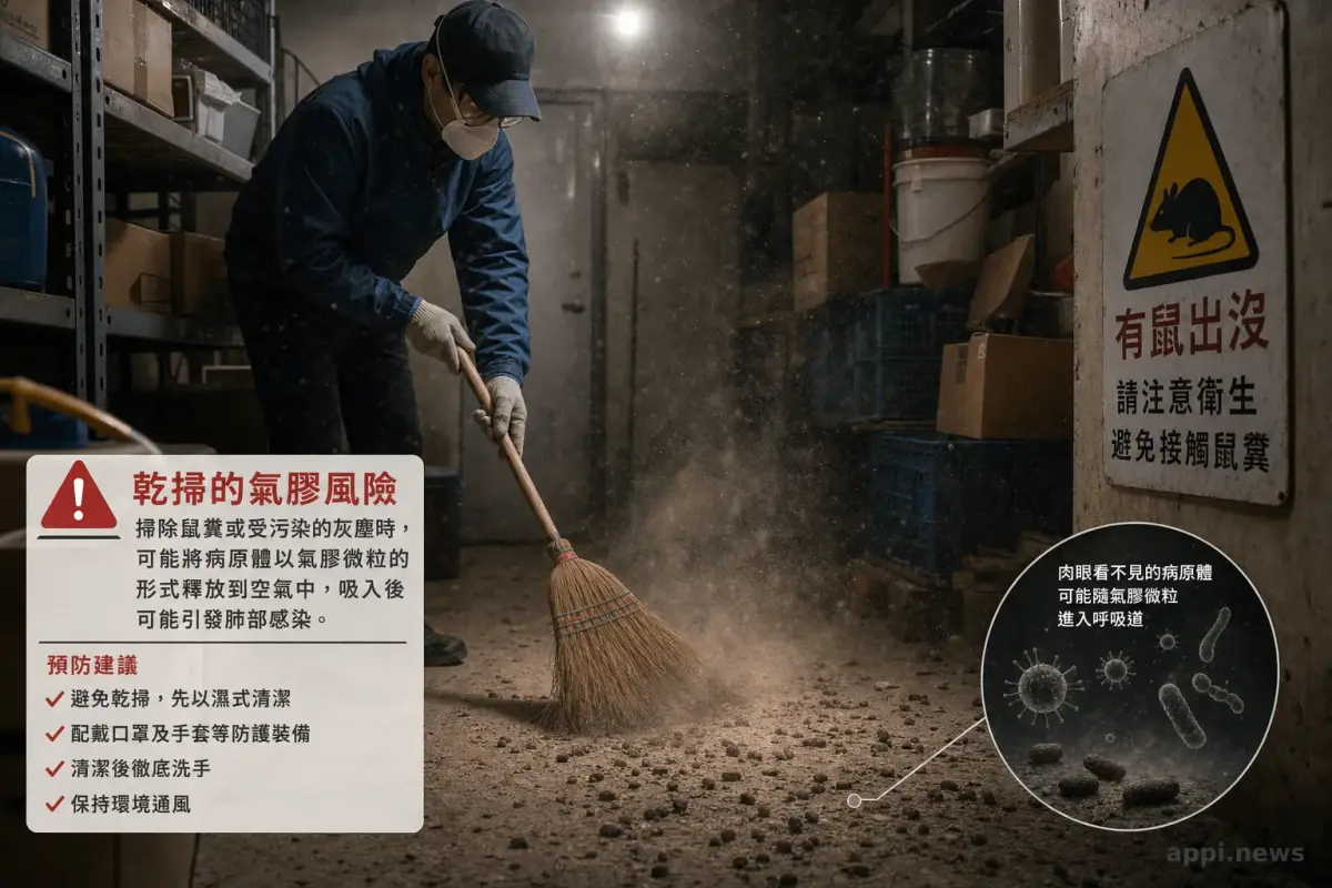 在昏暗儲藏室用掃帚清掃鼠糞時，塵埃微粒在密閉空間中飄散，顯示乾掃的氣膠風險