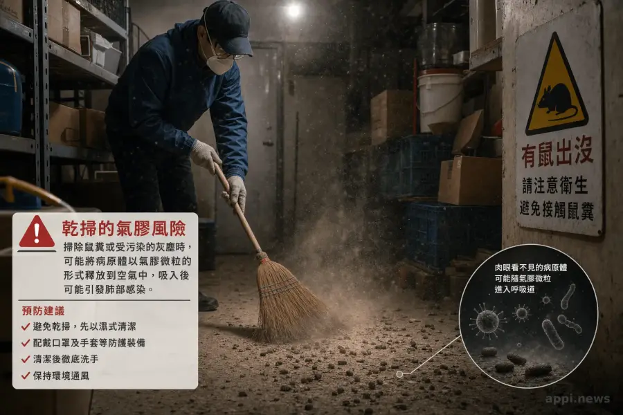 在昏暗儲藏室用掃帚清掃鼠糞時，塵埃微粒在密閉空間中飄散，顯示乾掃的氣膠風險