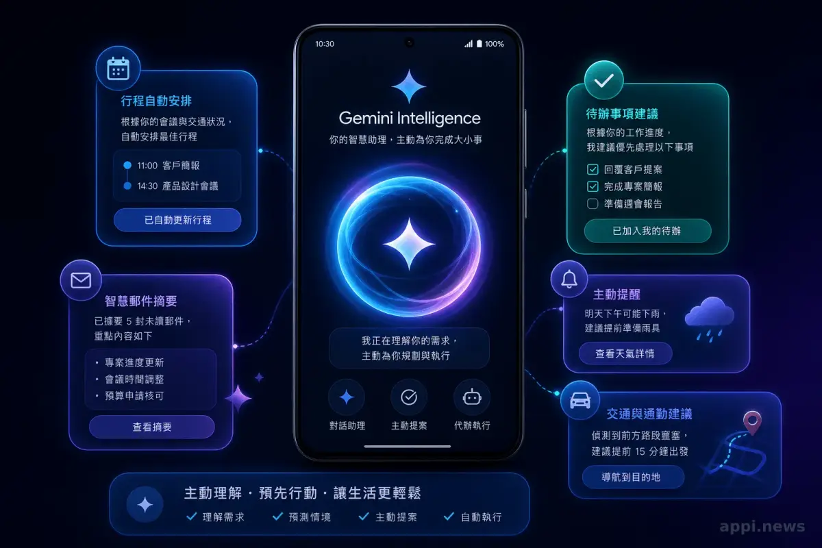 Android 手機展示 Gemini Intelligence 主動代理介面示意圖