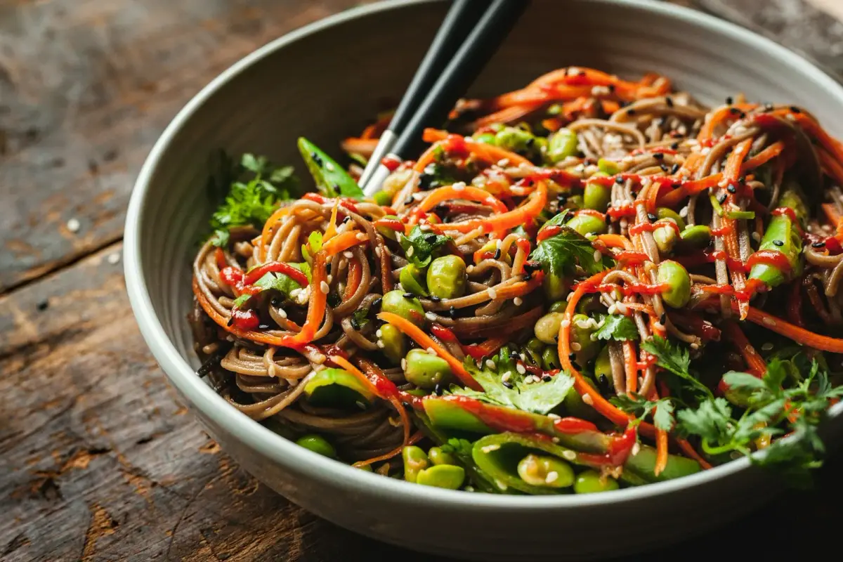 涼拌麵條佐紅蘿蔔絲、毛豆與白黑芝麻，夏季常見的冷食麵品