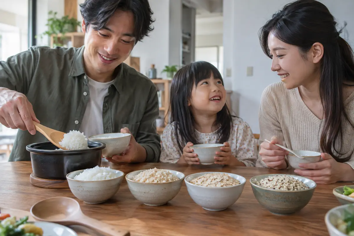 木桌上並排的白米、糙米、燕麥、藜麥等穀物小碗（示意圖）