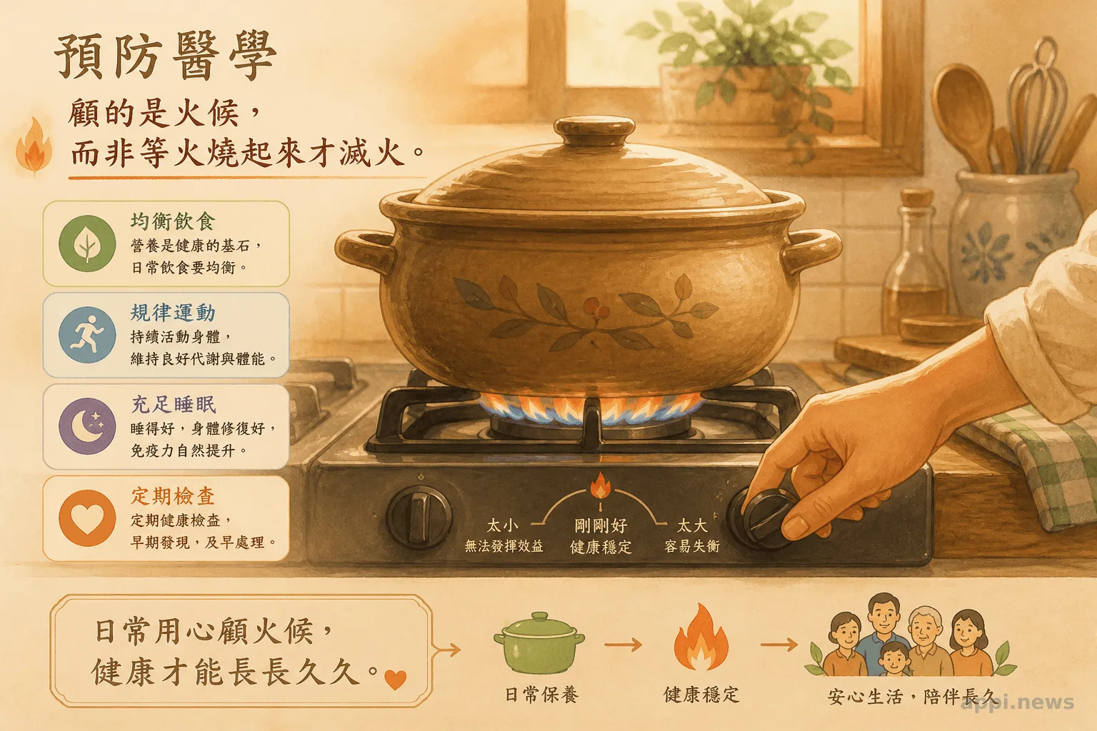 爐火示意圖：象徵預防醫學顧的是火候而非等火燒起來才滅火