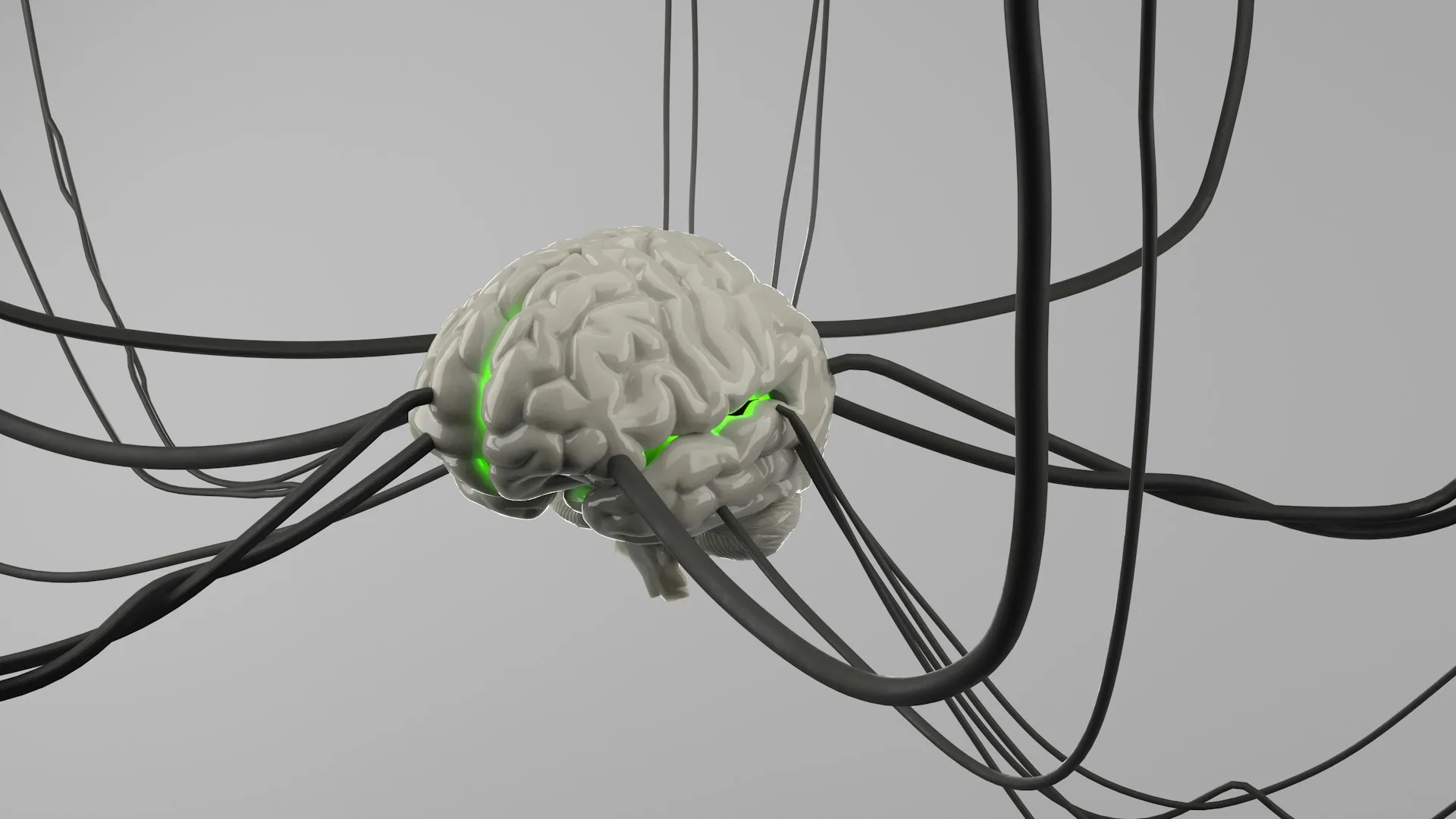白灰色3D電腦繪圖大腦模型懸浮於淺灰色背景，多條黑色電線插入大腦，腦部呈現綠色發光條紋，象徵神經連接與訊號傳導