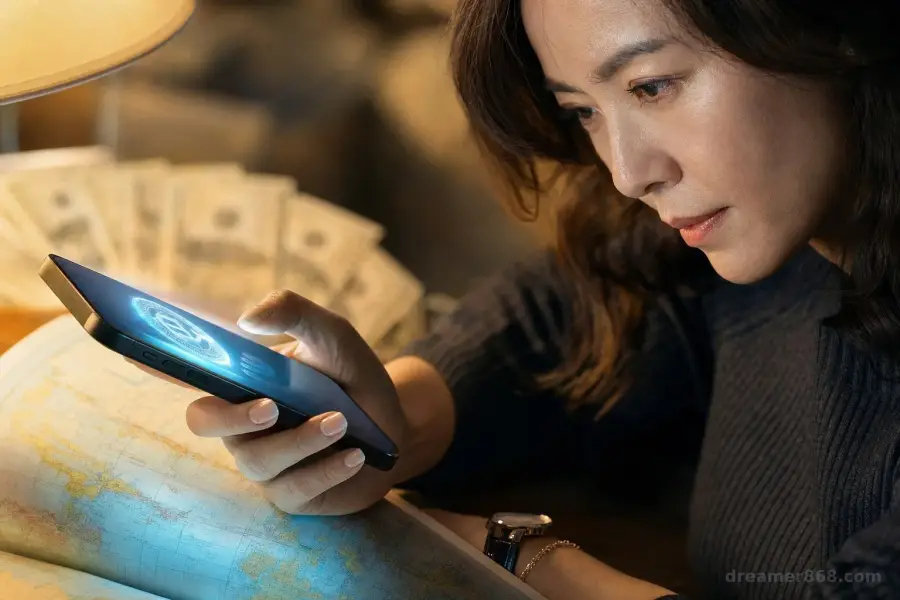 一支手機顯示發光的數位貨幣圖示，懸在世界地圖與美元鈔票上方