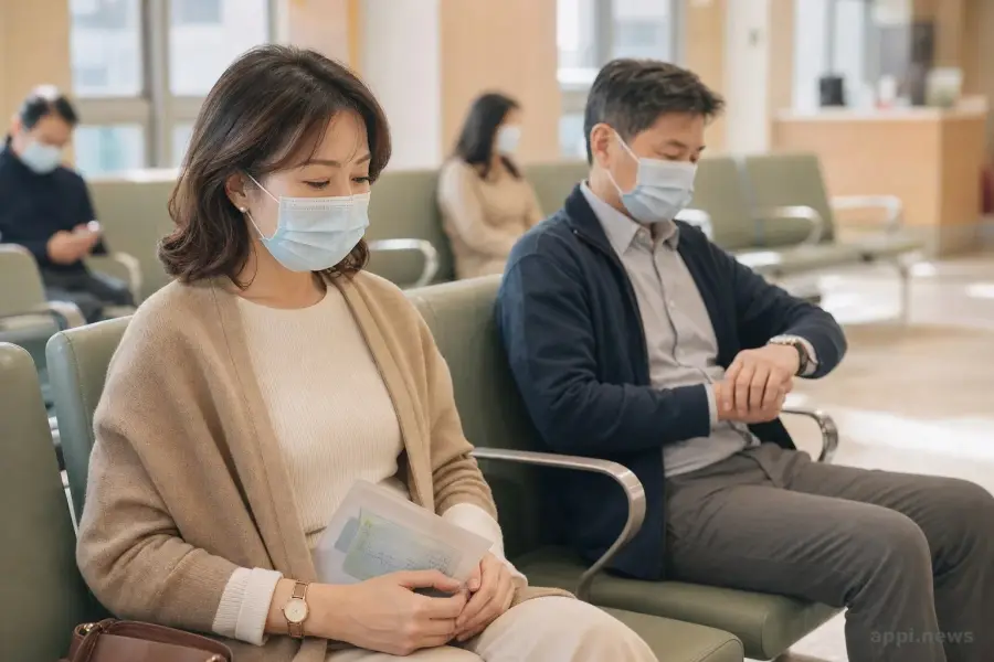 台灣門診等候區示意圖，呈現新冠疫情升溫下就診人潮增加的情境
