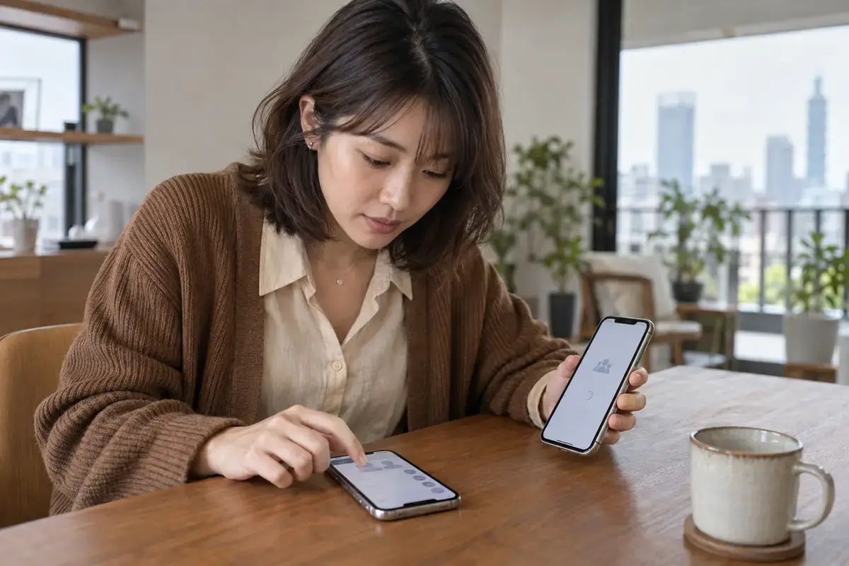 手機顯示家庭共享設定畫面，旁邊另一支手機等待接受邀請