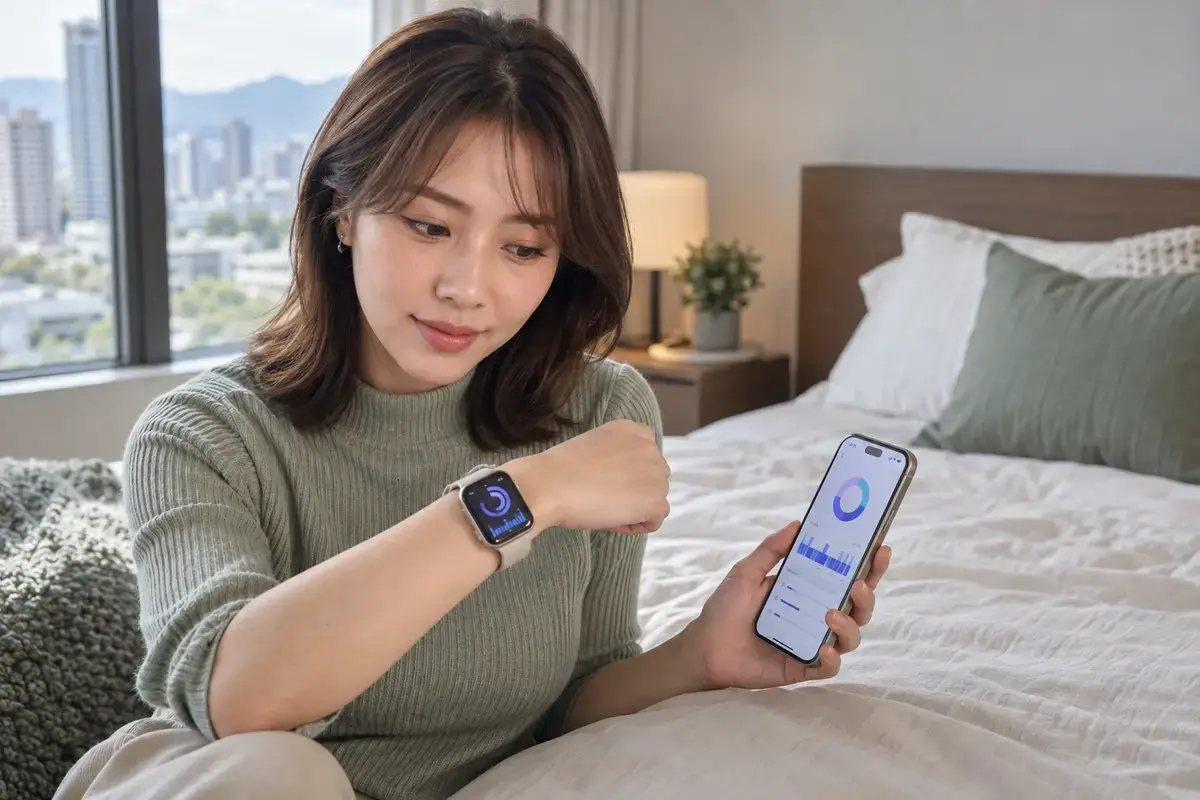 床邊的 Apple Watch 與手機顯示睡眠分數和睡眠圖表（示意圖）