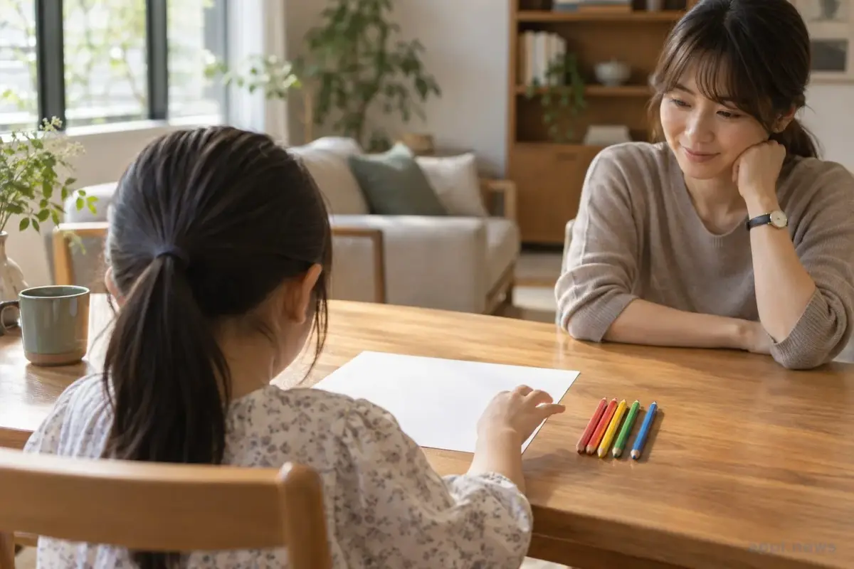 孩子坐在畫紙前挑選彩色鉛筆，大人在一旁保持適當距離陪伴