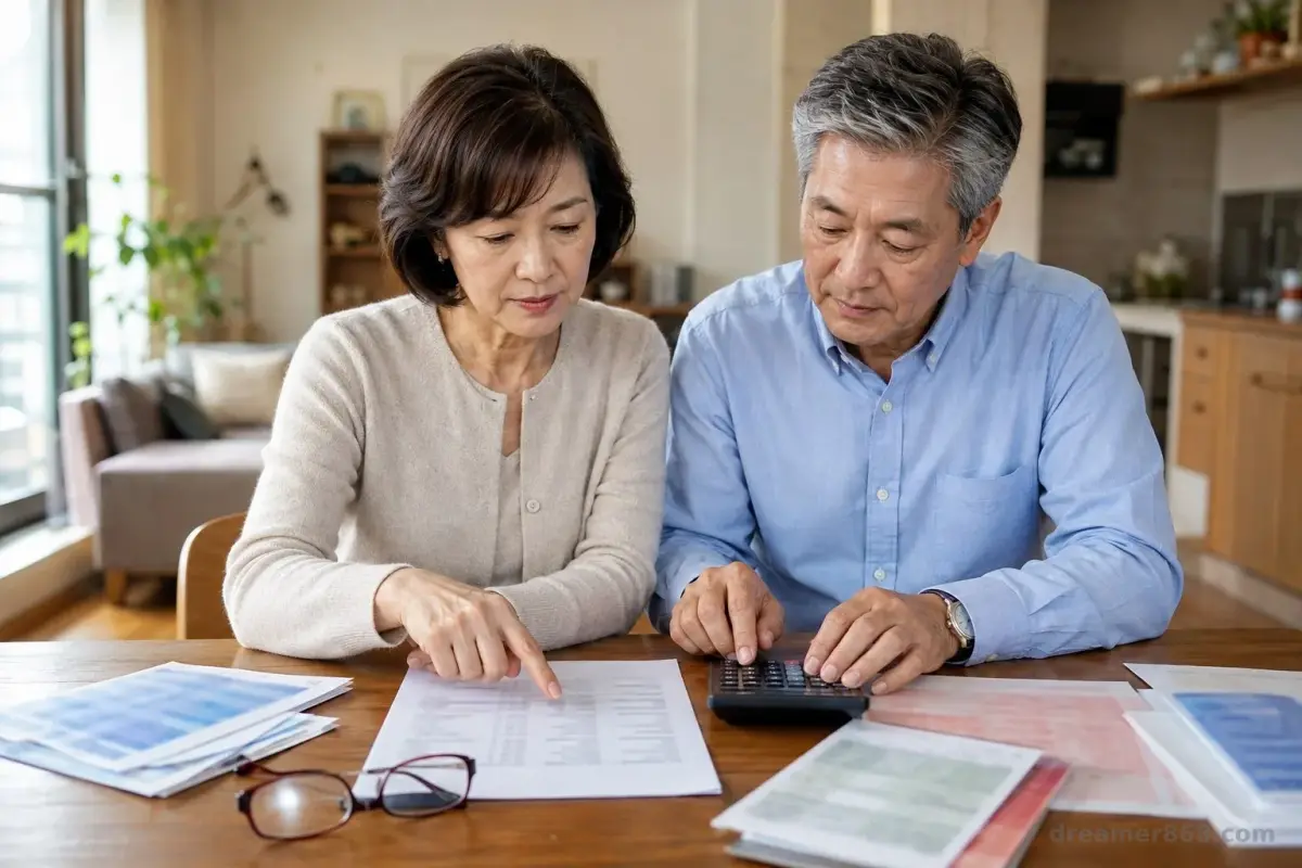 臺灣退休夫妻在家中餐桌對照外幣債券對帳單與新臺幣生活預算。
