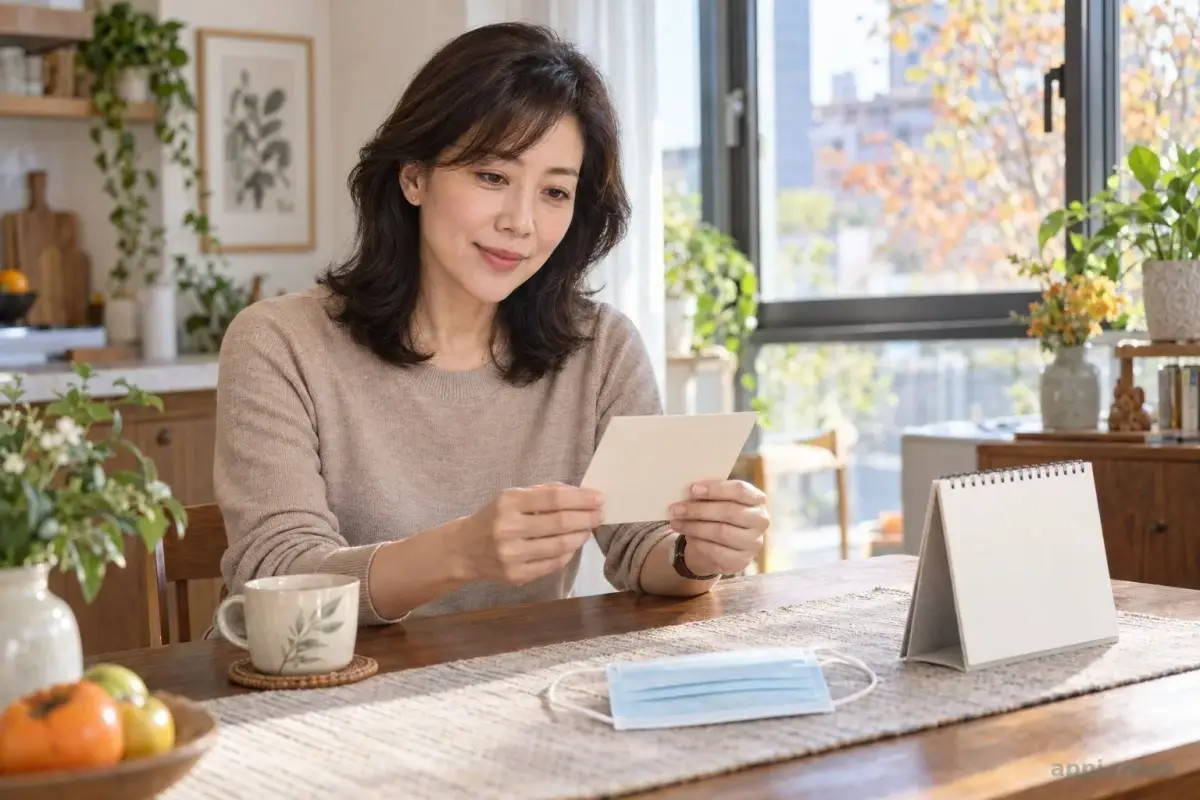 一名台灣女性在家查看疫苗接種資訊，桌上放著口罩與家庭行事曆。