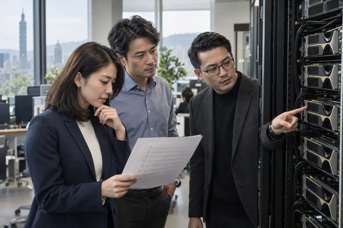 台灣企業科技團隊在伺服器機櫃旁查看部署清單並討論模型上線準備。