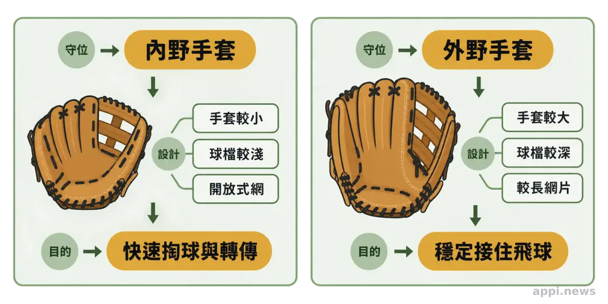 內野手套與外野手套並列比較，標示球檔深淺、手套大小與使用目的