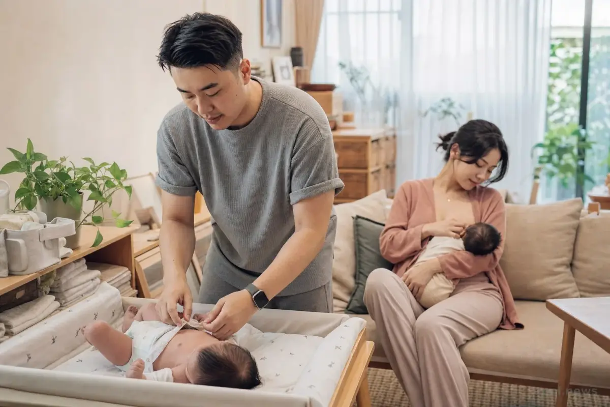 台灣家庭中，伴侶在旁換尿布，母親在沙發上哺乳休息的居家情境