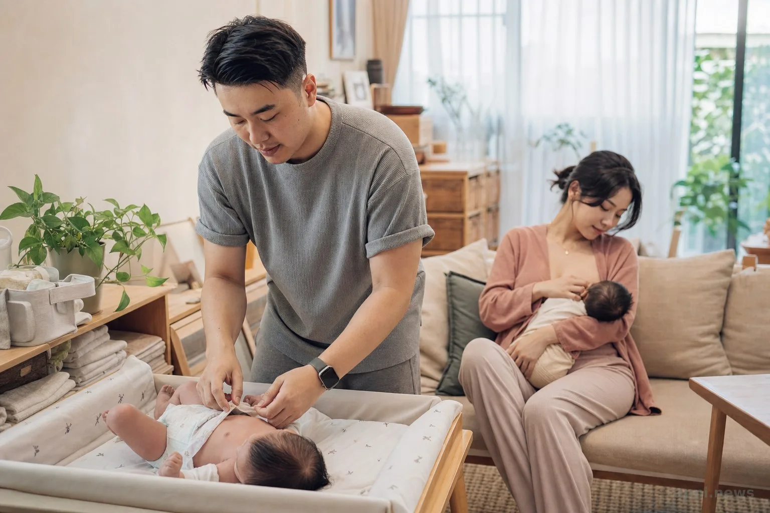 台灣家庭中，伴侶在旁換尿布，母親在沙發上哺乳休息的居家情境