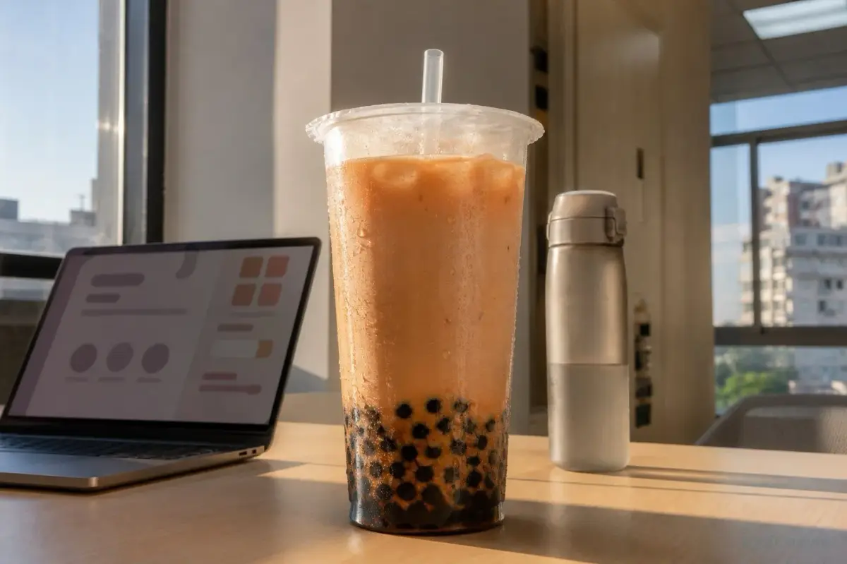 辦公室下午茶情境中，大杯與小杯手搖飲、配料和水瓶的份量比較