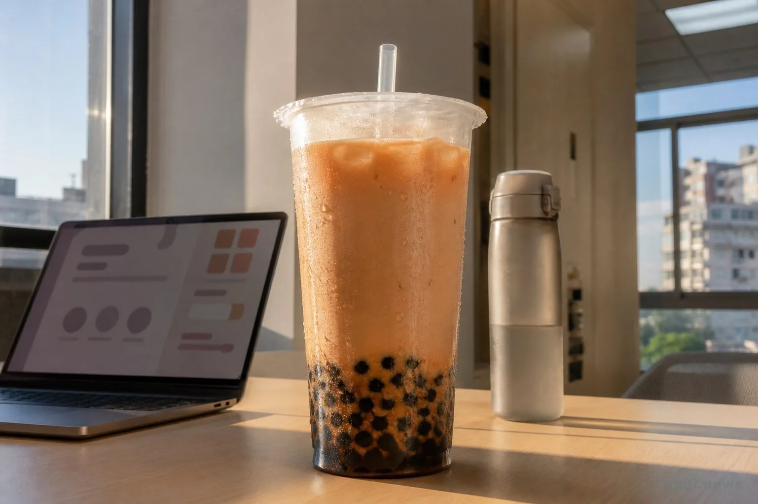 辦公室下午茶情境中，大杯與小杯手搖飲、配料和水瓶的份量比較
