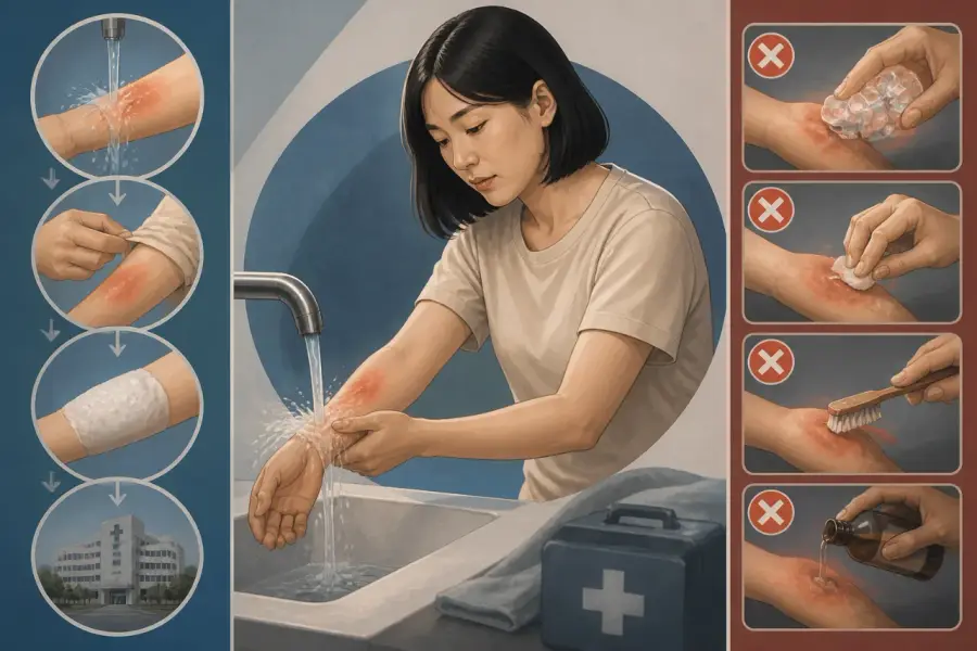 水龍頭流動的冷水沖洗手部燙傷處