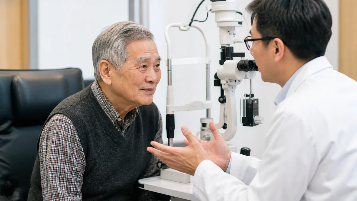 長者接受眼科檢查、討論白內障手術示意