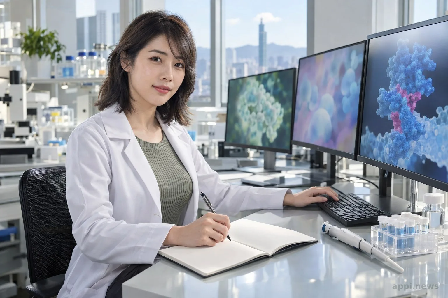 一名亞洲研究者在生物醫學實驗室檢視基因序列與蛋白質結構資料
