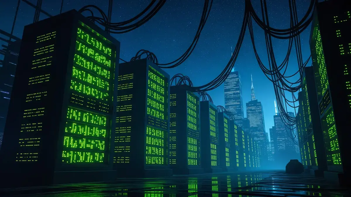 藍色燈光照亮的資料中心伺服器機櫃，呈現雲端 AI 服務的基礎設施